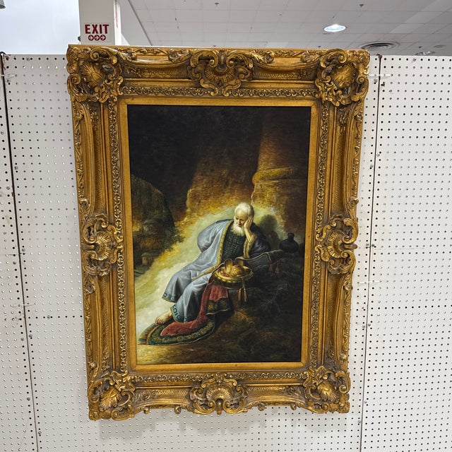 Wood Vintage Rembrandt Jeremiah Lamenting Jerusalem Oil Painting Framed Baroque Art For Sale - Image 7 of 7