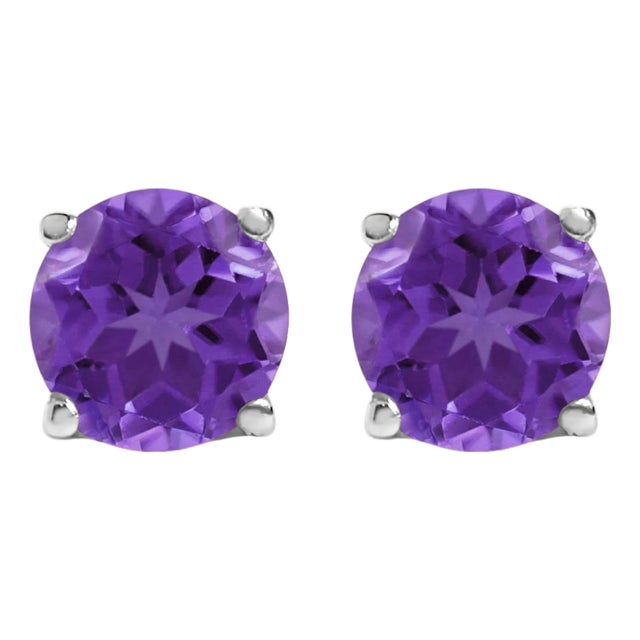 14K White Gold 5X5MM Round Purple Amethyst Solitaire Stud Earrings For Sale
