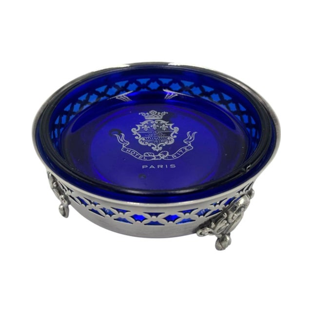 Blue Vintage Ritz Paris Hotel Cobalt Blue Glass Dish Silver Stand Ashtray France For Sale - Image 8 of 13