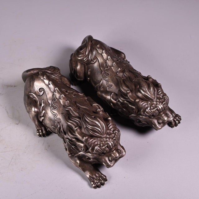 Metal Pair of Antique Silver-Plated Guardian Lion Figurines, 2000g Total, High Relief For Sale - Image 7 of 10