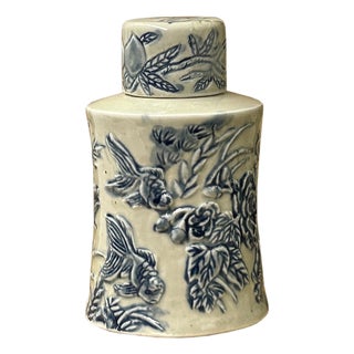 Cream Celadon Porcelain Blue Flower Gold Fishes Cylindrical Container For Sale