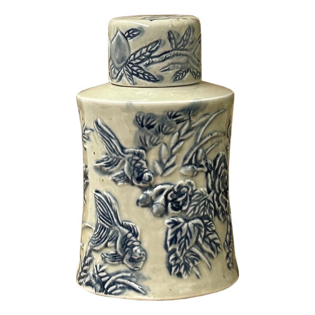 Cream Celadon Porcelain Blue Flower Gold Fishes Cylindrical Container For Sale