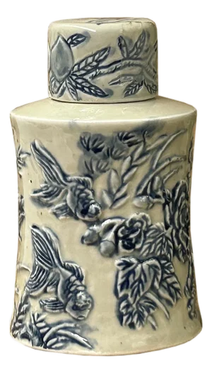 Cream Celadon Porcelain Blue Flower Gold Fishes Cylindrical Container