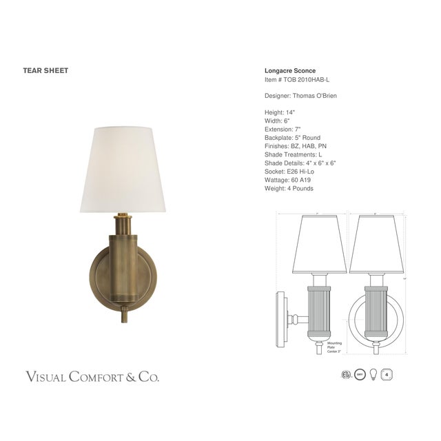 Modern Thomas O'Brien for Visual Comfort Signature Longacre Sconce in Hand-Rubbed Antique Brass with Linen Shade For Sale - Image 3 of 4