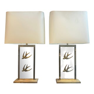 Vintage French Decorative Table Lamps in Glass and Brass, 1970, Set of 2 For Sale