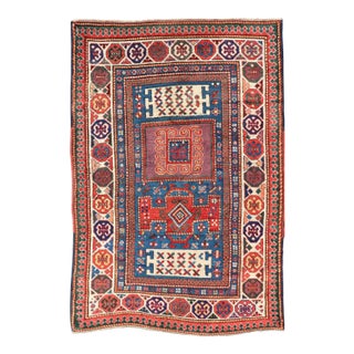 Antique Caucasian Kazak Rug With Geometrics Medallions 4'4" X7'0" For Sale
