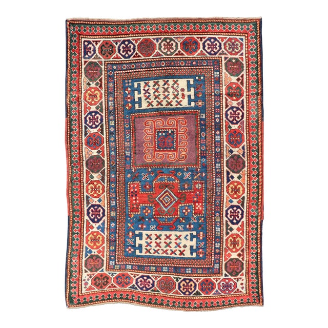 Antique Caucasian Kazak Rug With Geometrics Medallions 4'4" X7'0" For Sale
