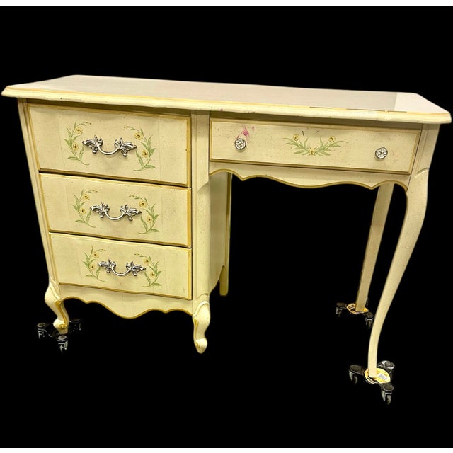 1970s French Provincial Style Hand Painted Solid Wood Writing Desk Dresser Dressing Table Entry Vintage For Sale - Image 10 of 12