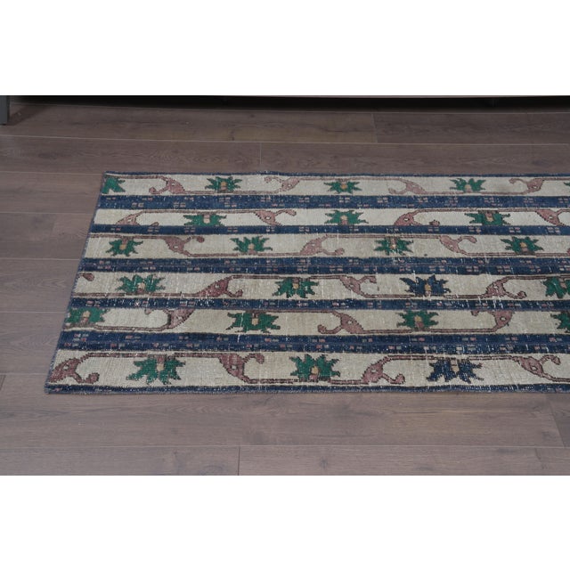 1970s 1970s Vintage Turkish Runner Rug - Navy Blue Vertical Striped & Cream Hallway Rug - Handwoven Anatolian Low-Pile Accent Carpet For Sale - Image 5 of 9