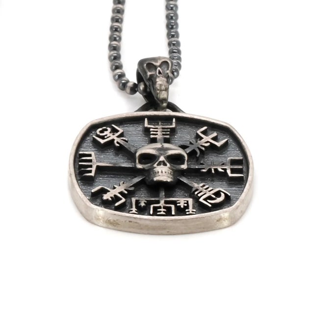 Early 21st Century Norse Viking Vegvisir Protection Symbols & Skull Pendant Sterling Silver Necklace For Sale - Image 5 of 12