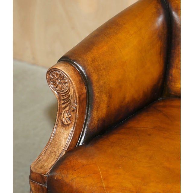 Pair of Antique Heavily Carved Hand Dyed Brown Leather Throne Armchairs For Sale - Image 9 of 18