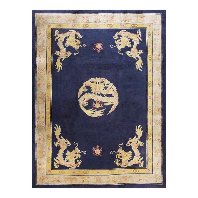 1930s Blue Navy Dragon Traditional Antique Chinese Peking Rug 8' X 10'10" Rug For Sale