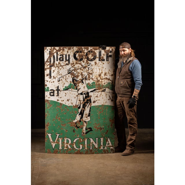 1930s; Vintage porcelain enamel single‑sided roadside sign reading "Play GOLF at Virginia" with swinging golfer graphic in...