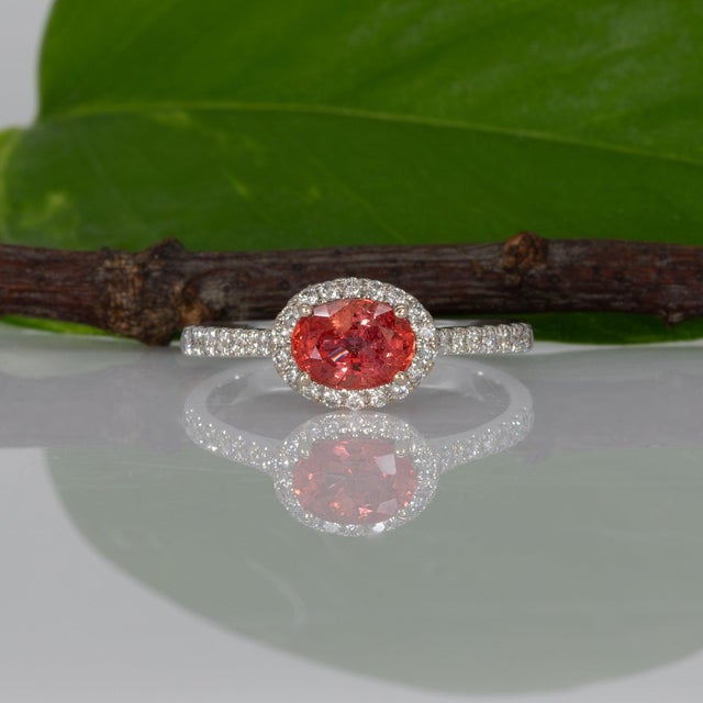 Padparadscha Sapphire Ring With Diamond Halo: Solid 14k Gold, Size 6.75 For Sale In Columbus - Image 6 of 10