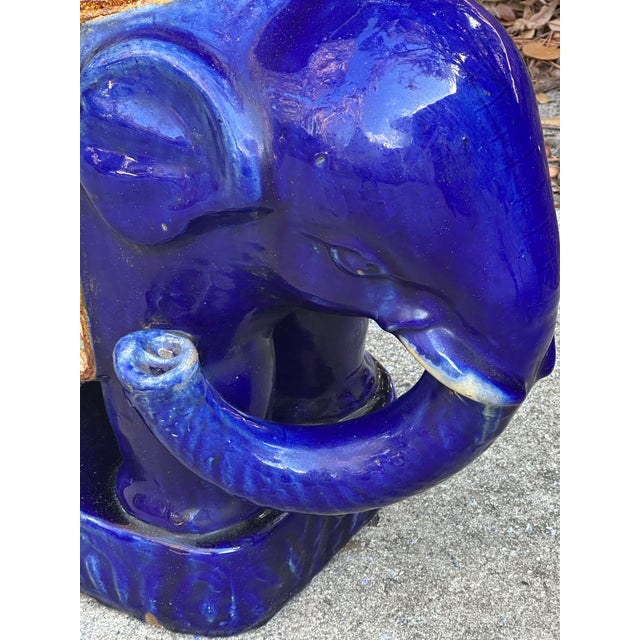 Chinese Ceramic Elephant Garden Seat, Cobalt Blue With Turquoise Accents For Sale In Savannah - Image 6 of 10