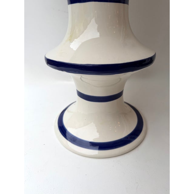 Contemporary Pair of Blue and White Ceramic Stripe Side Tables. Italy For Sale - Image 6 of 12