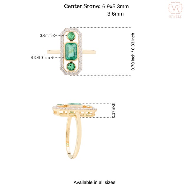 Gold Emerald Axis Ring in 18k Yellow Gold Three Stone Ring Size 5 For Sale - Image 8 of 12