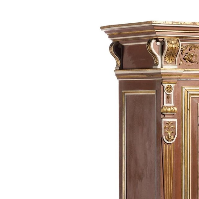 Furniture - Cabinet - 19th Century. 19th century Europe; two-part carved wooden cabinet; painted and gilded. Upper part...