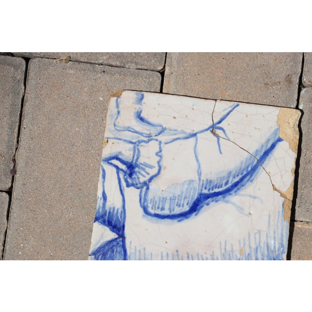 Baroque 18th Century Baroque Portuguese Tile With Blue & White Figural Detail of a Nobleman Reclining, Showing a Flowing Sleeve For Sale - Image 3 of 5