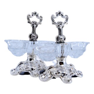 Salt and Pepper Shakers in Embossed Silver with Cut Glass Containers, Set of 2 For Sale