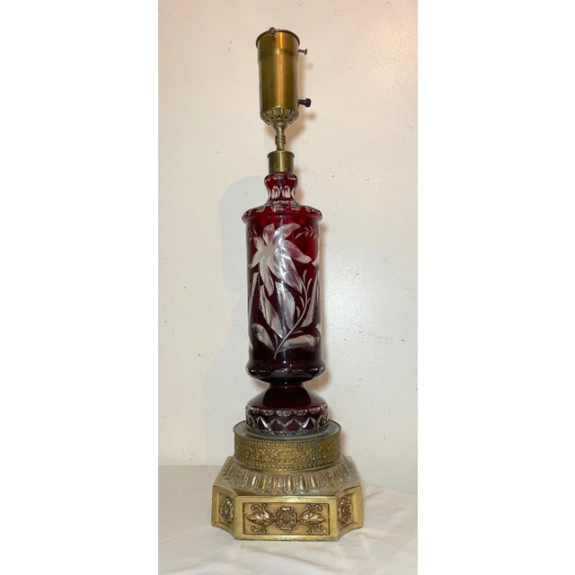 Red 1960s Large Vintage Cut to Clear Bohemian Czech Cranberry Glass Crystal Table Lamp For Sale - Image 8 of 9