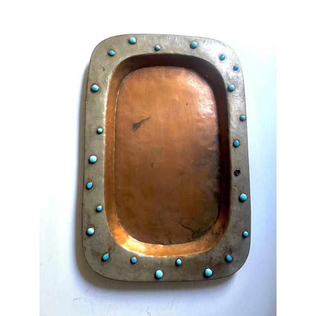 Rustic Mexican Tray in Copper and Metal with Blue Bead Details For Sale - Image 4 of 9