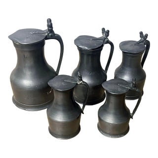 Five AntiqueFrench Pewter Tankards With Acorn Thumb Piece For Sale