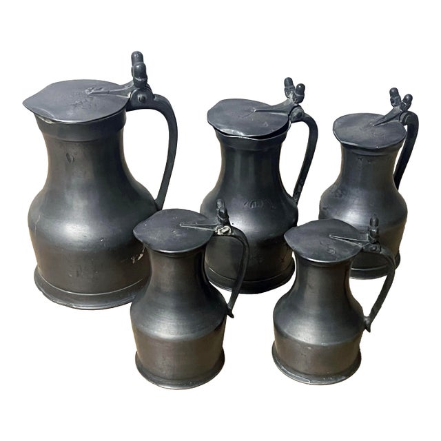Five AntiqueFrench Pewter Tankards With Acorn Thumb Piece For Sale