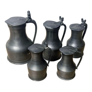 Five AntiqueFrench Pewter Tankards With Acorn Thumb Piece