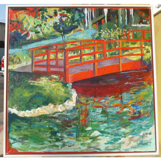 Wood Monumental "Japanese Bridge on the Lily Pond" Framed Contemporary Impressionist Oil Painting For Sale - Image 7 of 7