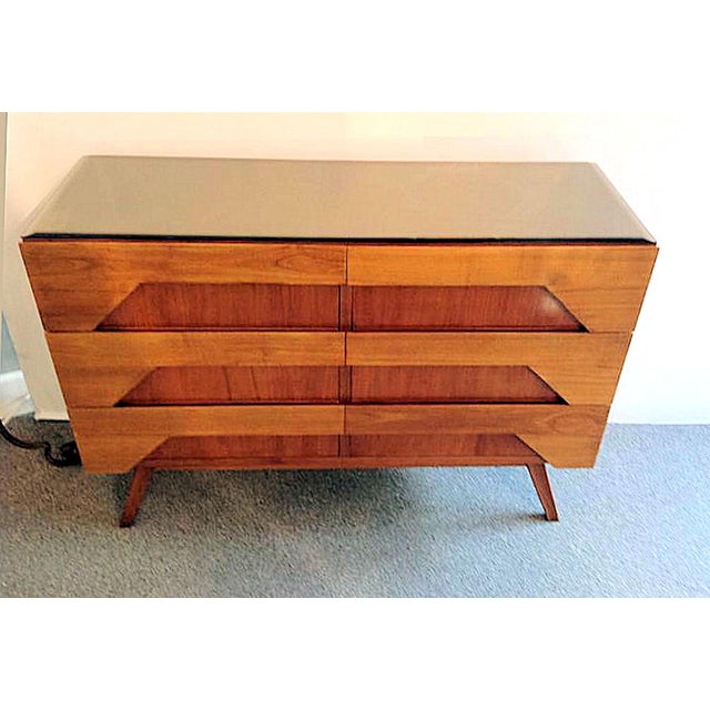 Italian MidCentury Modern Single Fruit Wood & Glass Top Dresser, 1960s
