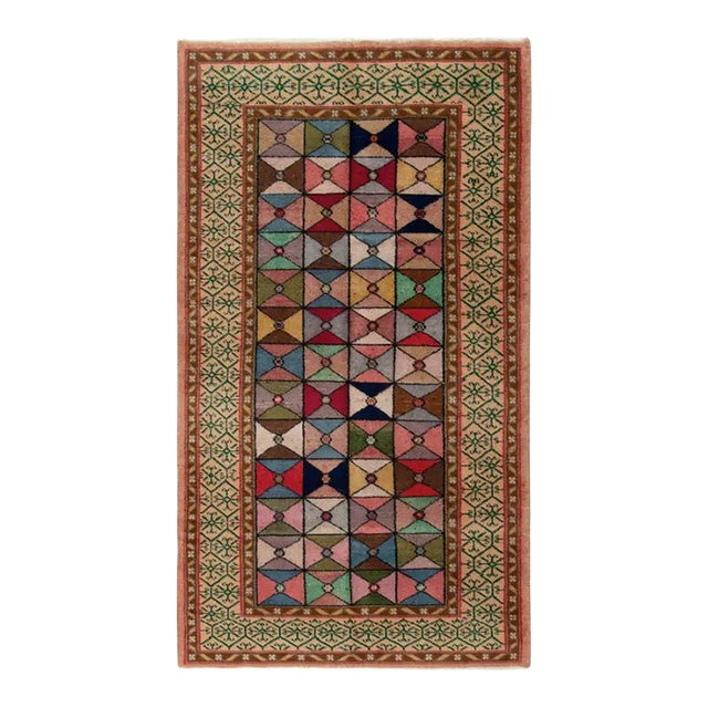 1960s Vintage Distressed Art Deco Rug in Multicolor Geometric Pattern For Sale