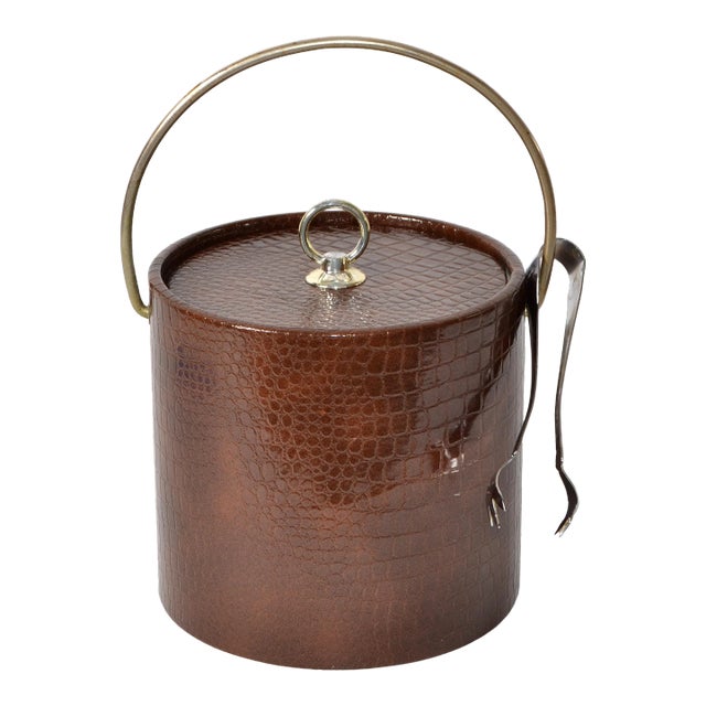 1960s Brown Faux Alligator Texture Leather Insulated Ice Bucket Steel Tongs For Sale