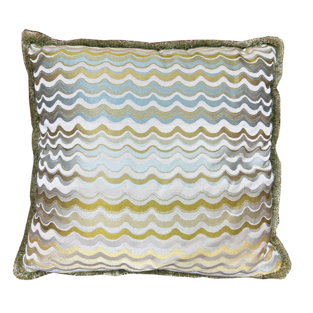 Pair of green and blue wavy patterned pillows made from 100% silk upholstery fabric with green caterpillar trim. Perfect...