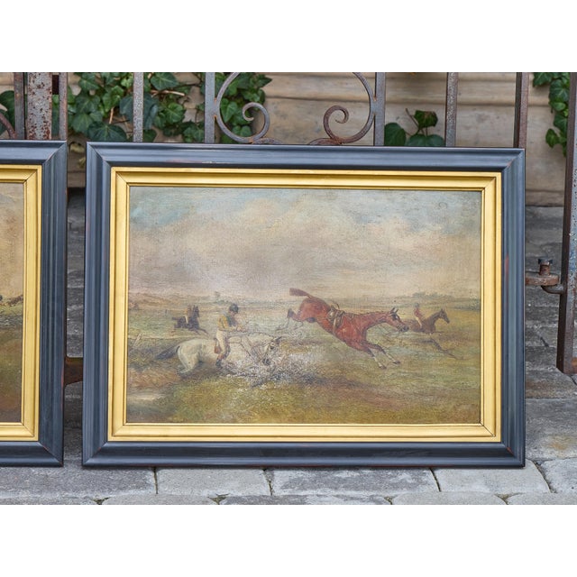 Wood Mid 20th Century Pair of British Steeplechase Horse Racing Paintings on Board, Framed For Sale - Image 7 of 12
