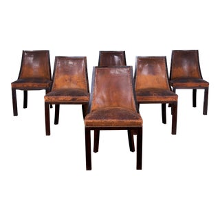Vintage French Gondola Style Maple Dining Chairs W/ Original Brown Leather - Set of 6 For Sale