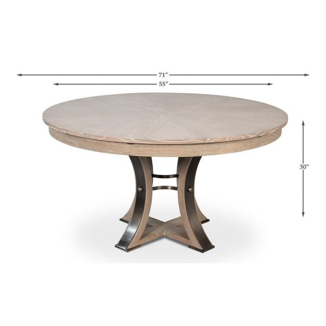 Transitional Round Dining Table, Medium - Grey Oak With Hammered Iron Accents For Sale - Image 11 of 11