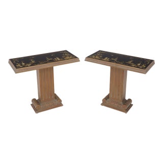 Reverse Painted Glass Tops Single Pedestal Side Occasional Tables - a Pair For Sale