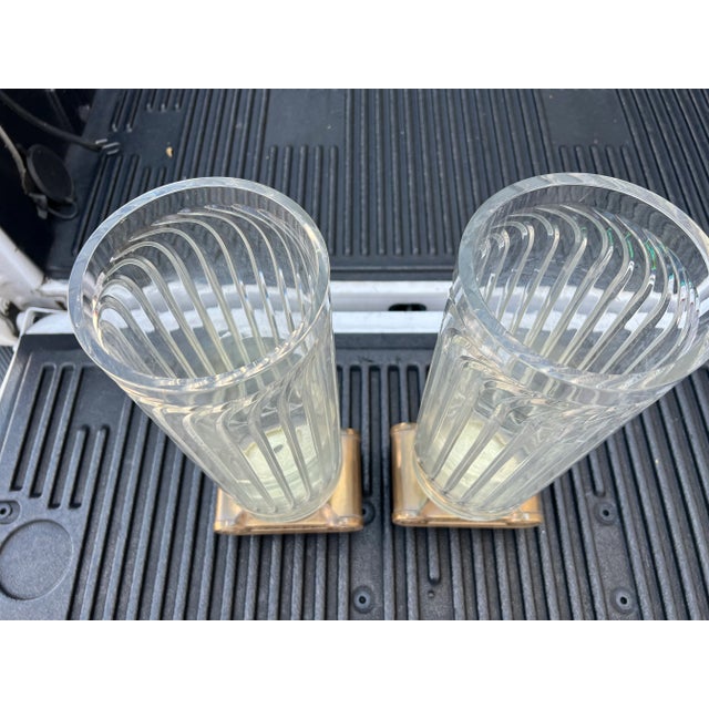 1970s 1970's Cut Crystal and Brass Ionic Column Hurricane Candle Holders - a Pair For Sale - Image 5 of 9