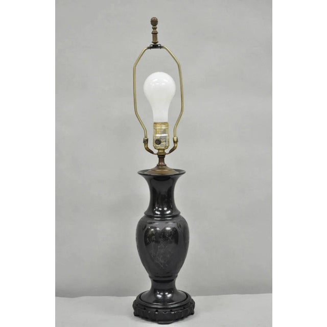 Vintage Carved Black Marble Small Oriental Urn Chinese Chinoiserie Table Lamp For Sale - Image 12 of 12