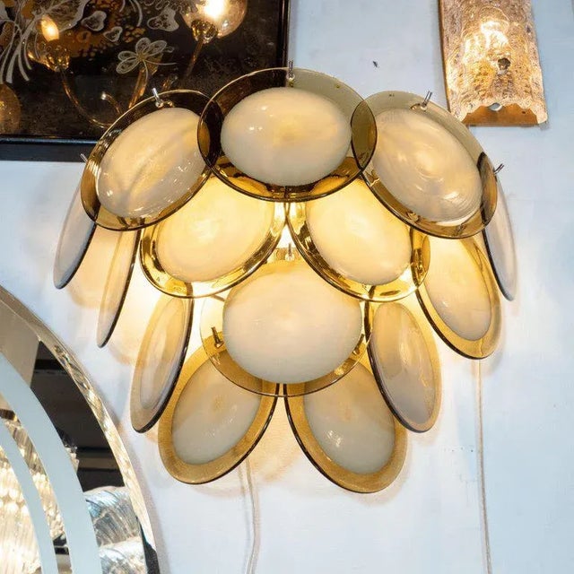 Early 21st Century Modernist 14-Disc Sconces in Handblown Murano Topaz & Translucent Glass - a Pair For Sale - Image 5 of 6