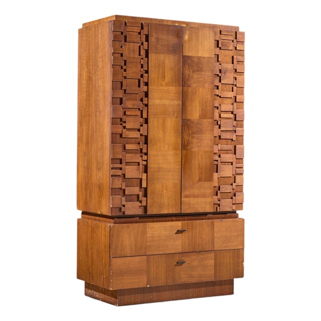 Lane Brutalist Mid Century Walnut Armoire Dresser For Sale