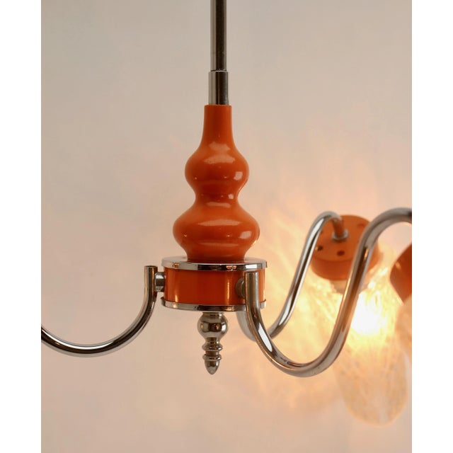 Gold 3-Arm Hanging Lamp in Tangerine, Chrome and Wood with Optical Shades, 1960s For Sale - Image 8 of 9