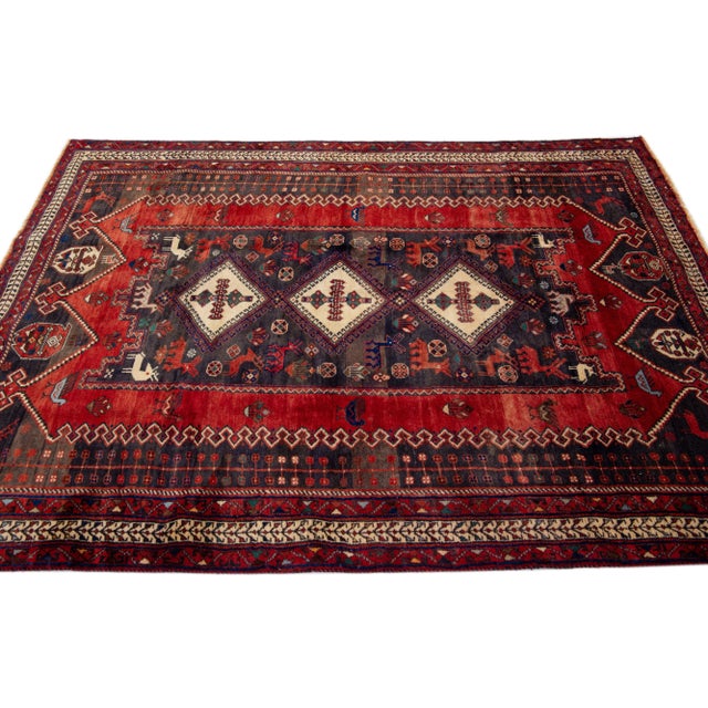 1960s 1960s Vintage Shiraz Handmade Medallion Red Wool Rug For Sale - Image 5 of 7