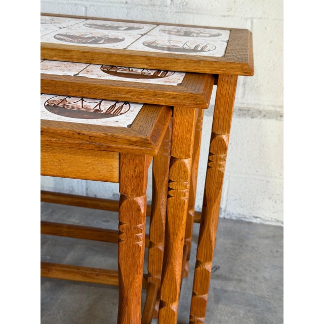 Oak Nesting Tables Set of 3 Ceramic Tile Top Accent End Side Tables Vintage 1970s For Sale - Image 9 of 9