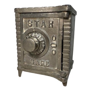 Antique 19th Century Cast Iron Star Safe Lock Deposit Coin Still Bank For Sale