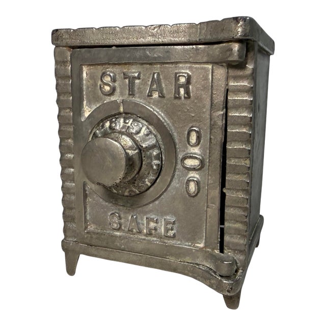 Antique 19th Century Cast Iron Star Safe Lock Deposit Coin Still Bank For Sale