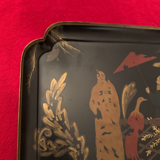 1990s Vintage Hand Painted Gold Chinese Metal Tray For Sale - Image 5 of 9