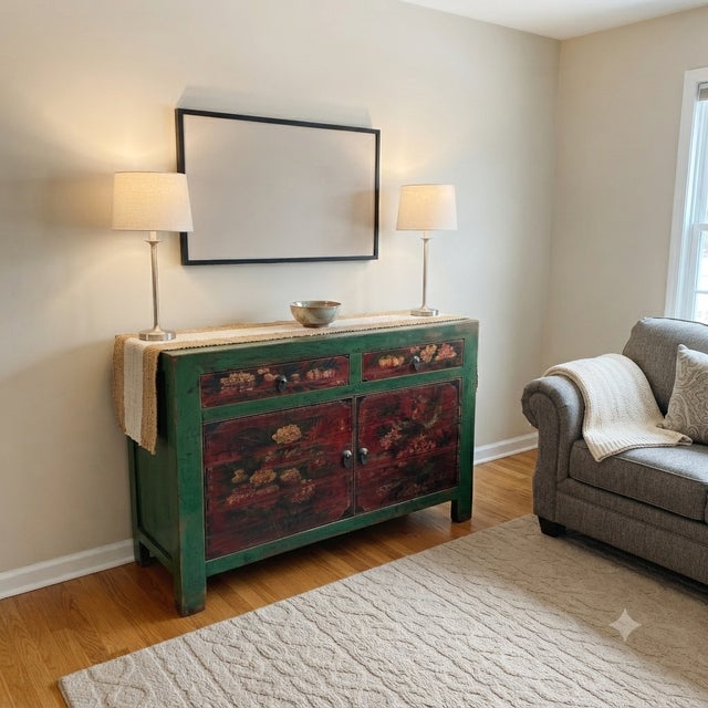 Wood Vintage Distressed Rich Green Red Floral Graphic Credenza Sideboard Cabinet For Sale - Image 7 of 9