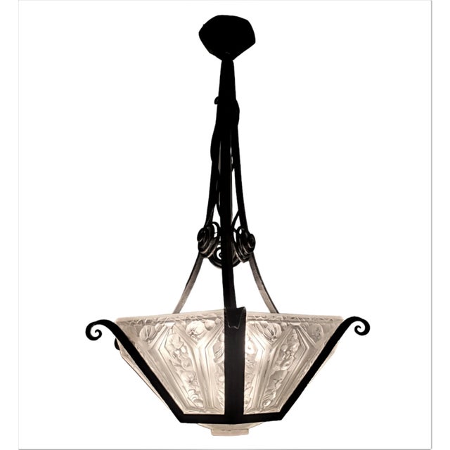 Verreries des Hanots Early 20th Century French Art Deco Hand Forged Iron + Glass Chandelier With Scroll + Flowers by Verrerie Des Hanots For Sale - Image 4 of 12